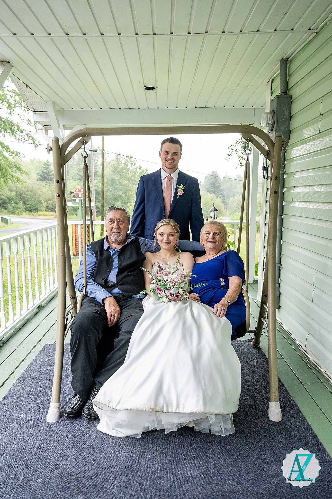 Outdoor porch seating area showing a progression of wedding party photos with white dress and navy blue attire details.