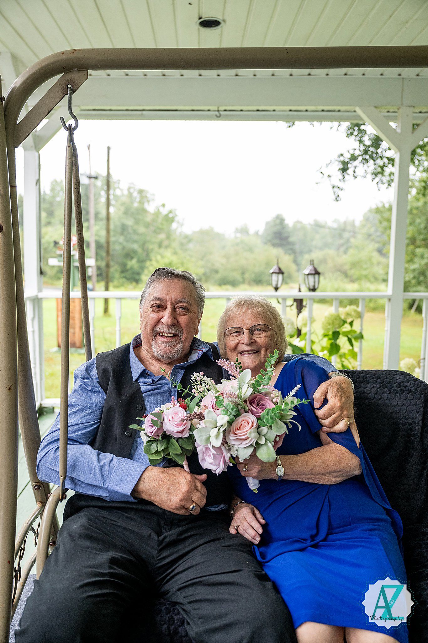 Series of romantic portraits of a couple cuddling on a porch swing with floral bouquets at a wedding venue.