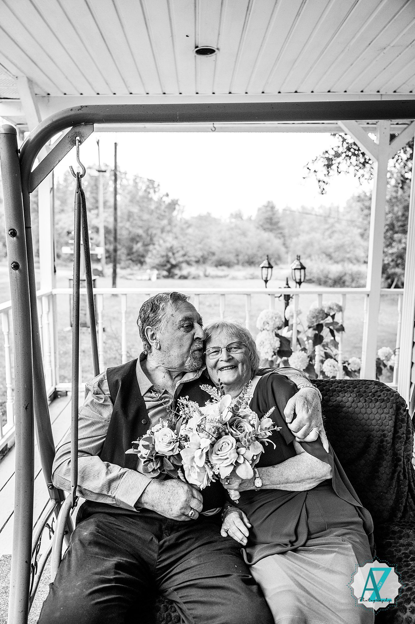 A black and white photo series showing joyful embraces and emotional moments between people on what appears to be a porch.