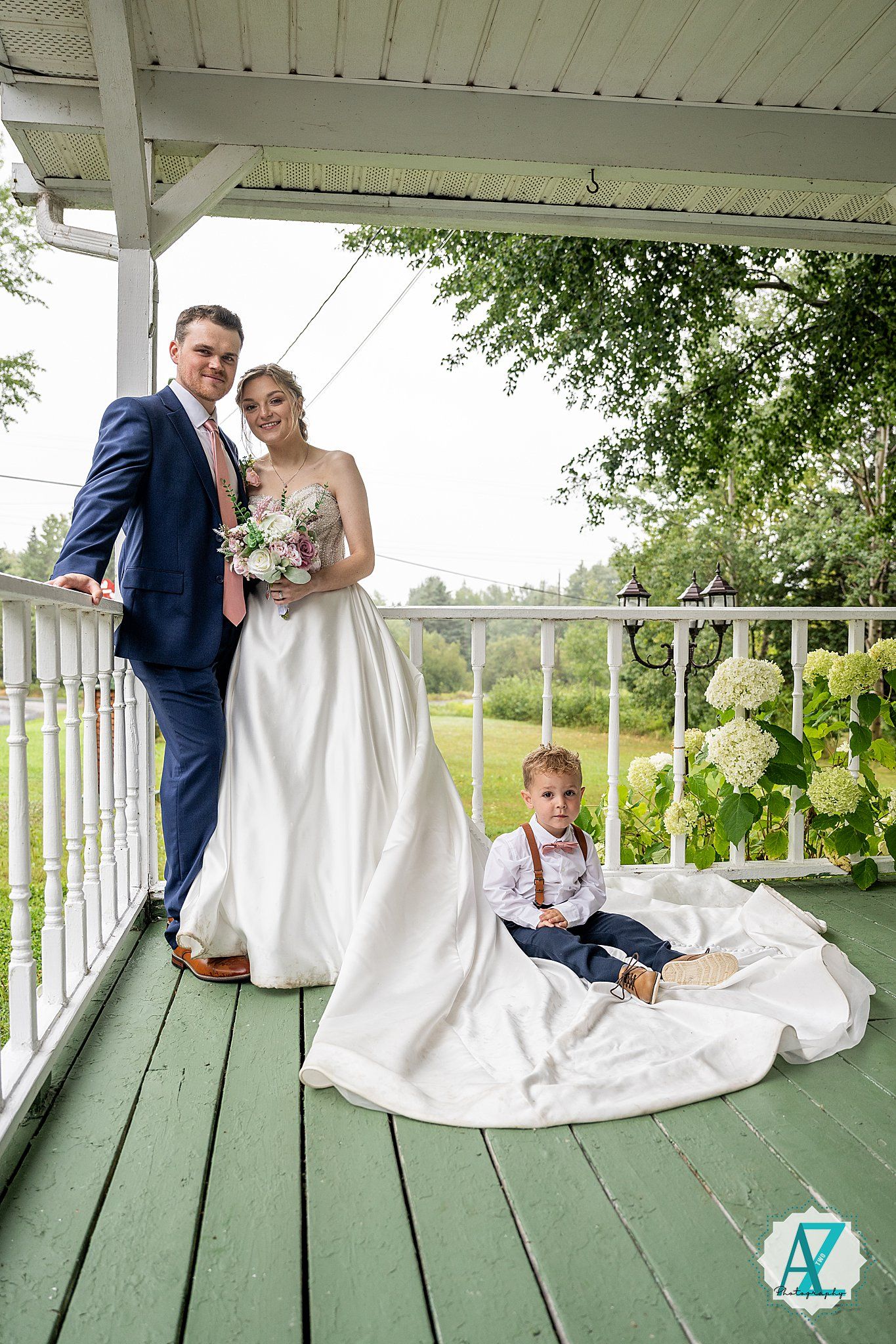Wedding photo sequence on a wooden porch showing playful interactions with a child in formal attire.