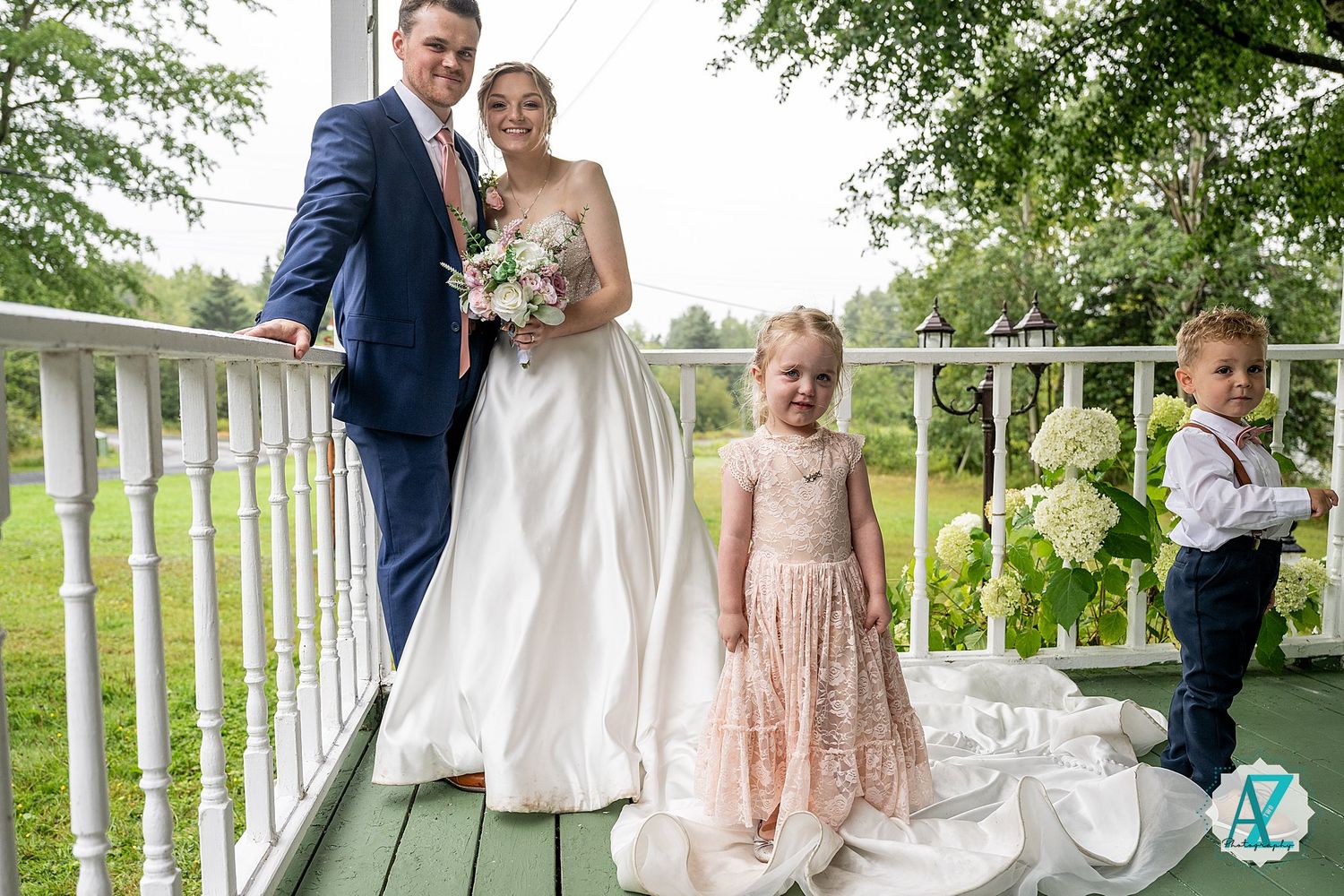 Multiple shots of a wedding party interacting on a white covered porch with elegant rustic decor.