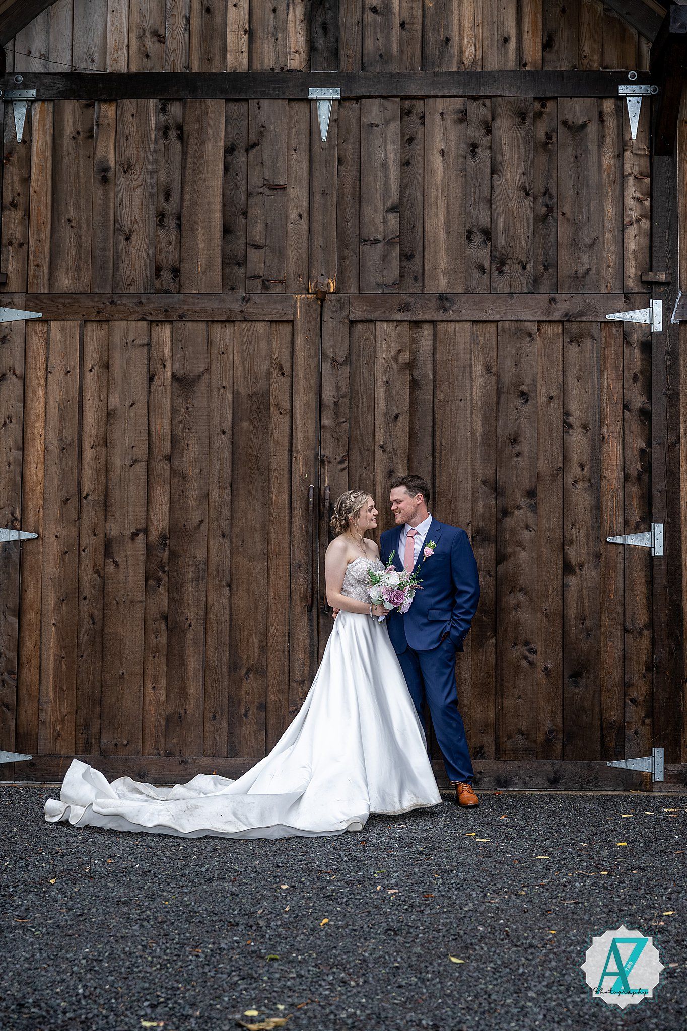 A romantic wedding photo sequence featuring newlyweds against a rustic wooden barn wall.