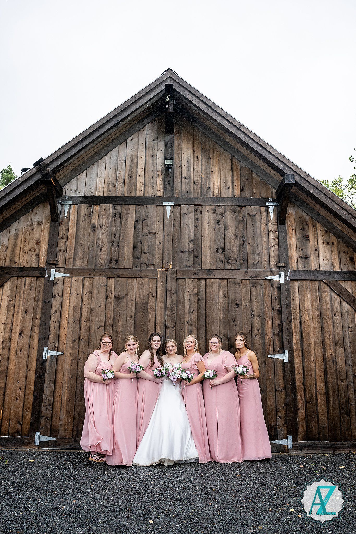 Wedding group photo series with bridesmaids in pink dresses lined up against a rustic barn backdrop.