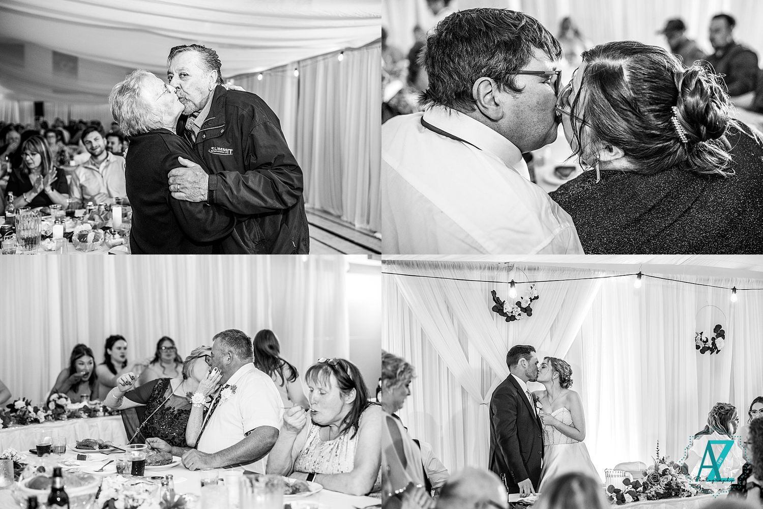 A collection of black and white wedding reception photos showing couples dancing and celebrating at an elegant venue.
