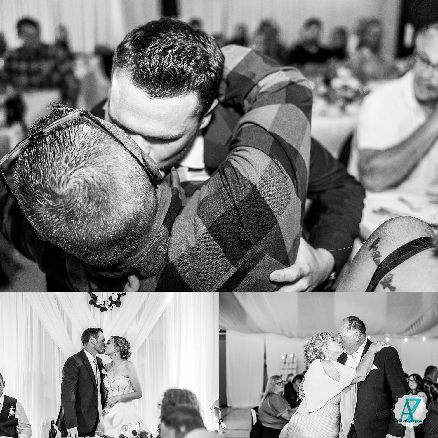 Black and white photo capturing a happy couple sharing an intimate moment at their wedding reception.