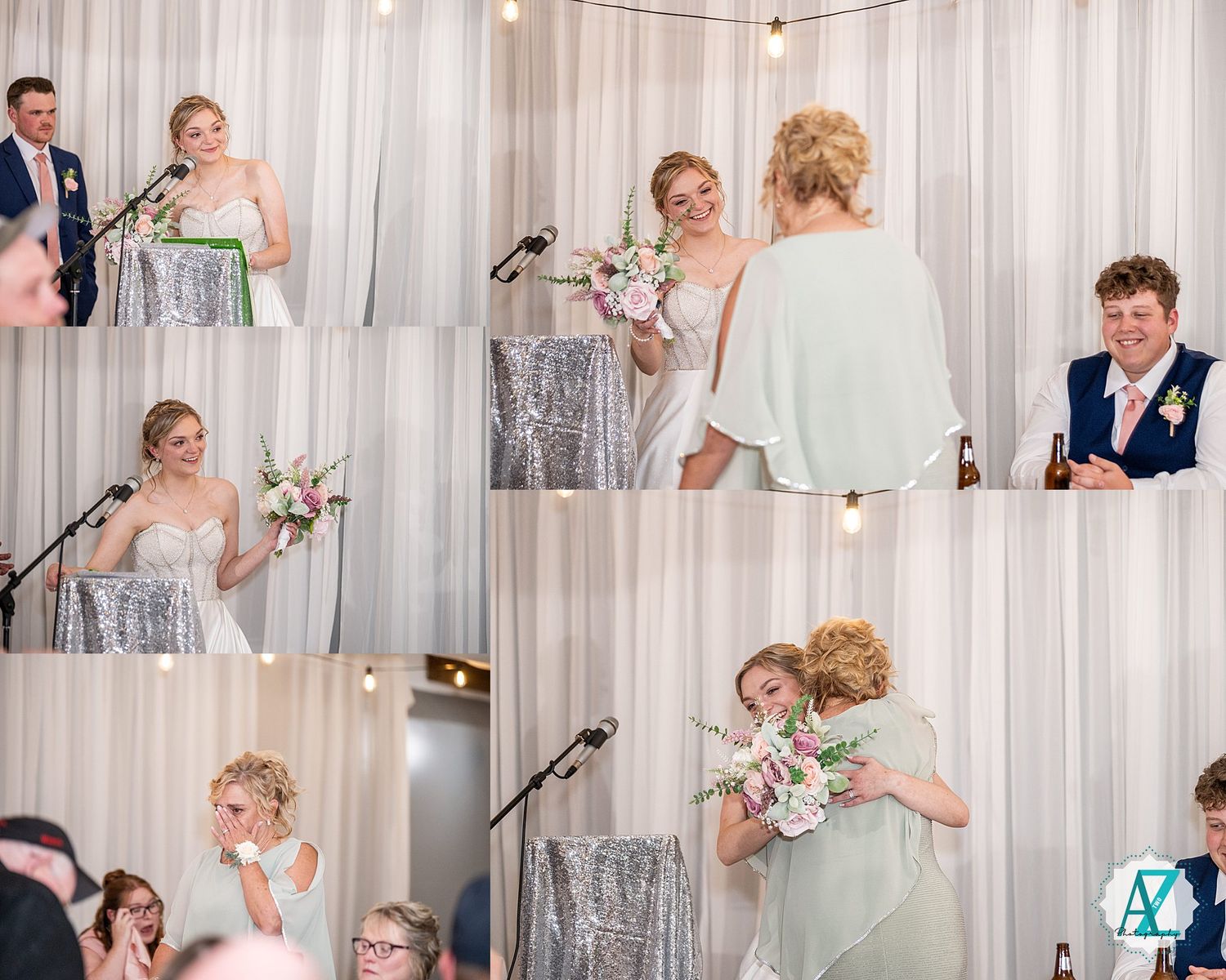 A series of candid wedding photos showing joyful moments between couples dancing and celebrating in front of a white curtain backdrop.
