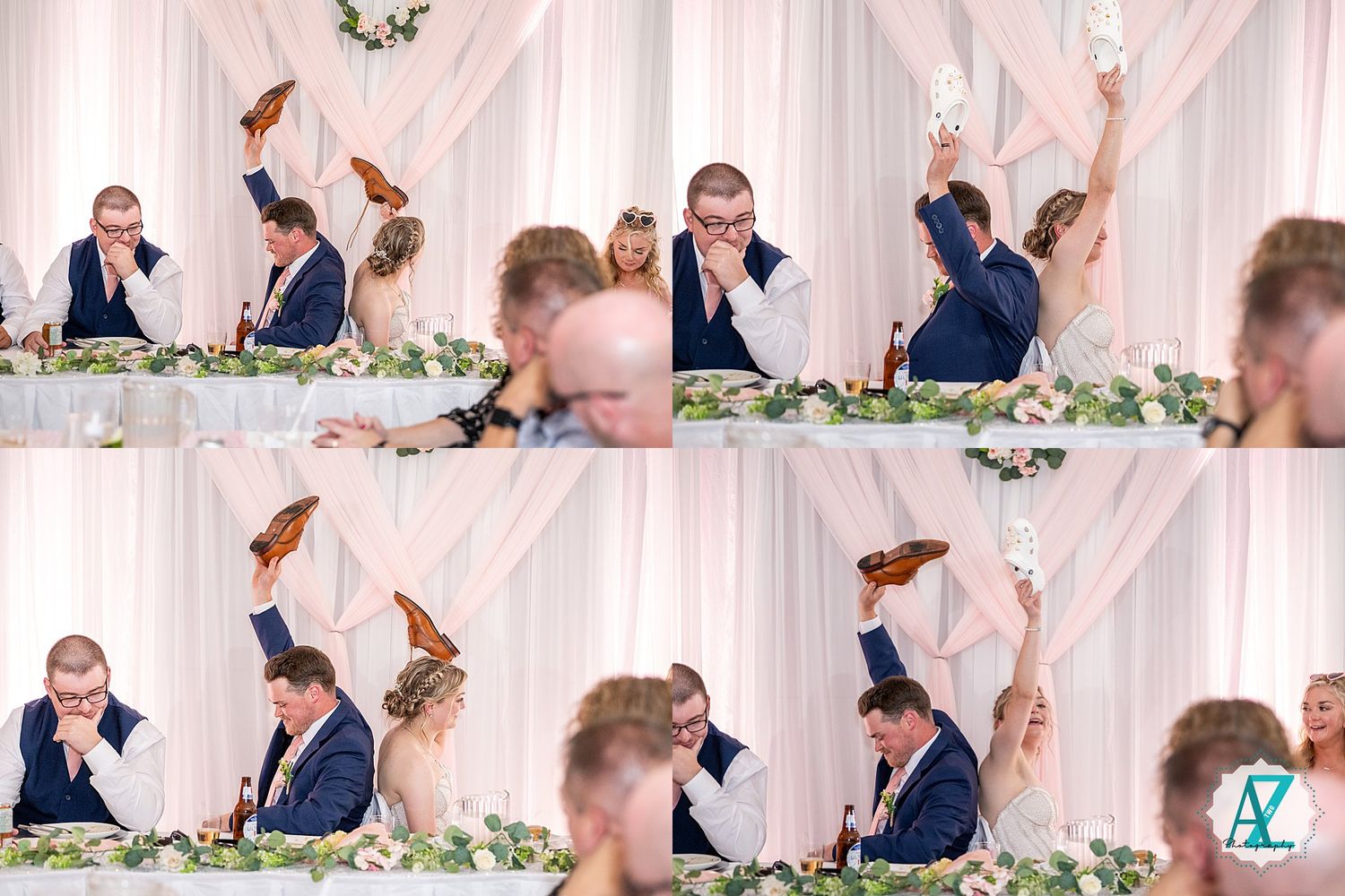 Wedding reception celebration with floral decorations and draped fabric in an elegant indoor venue.