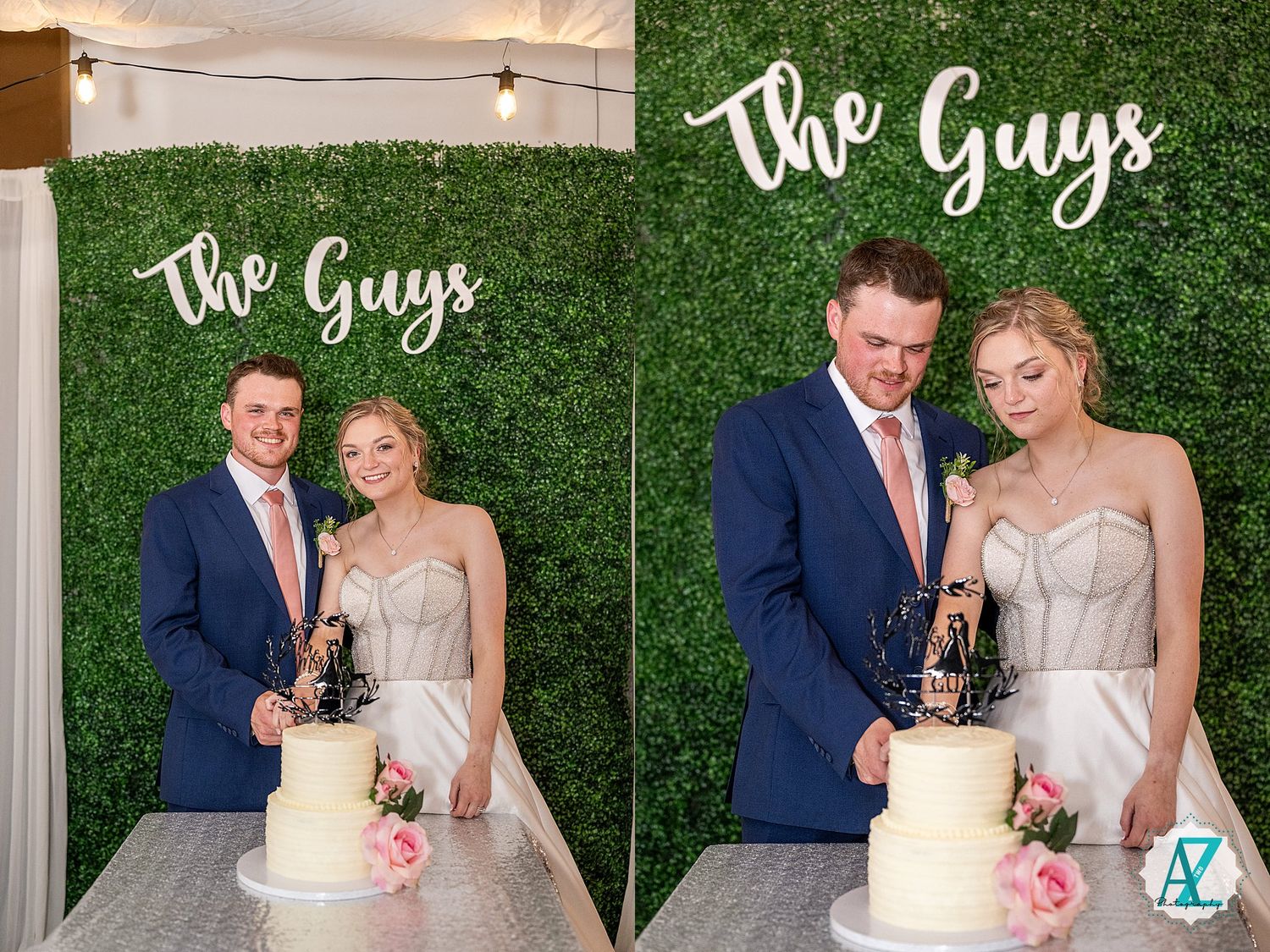 Wedding couple cuts their elegant white and floral cake together in front of a green hedge wall backdrop.