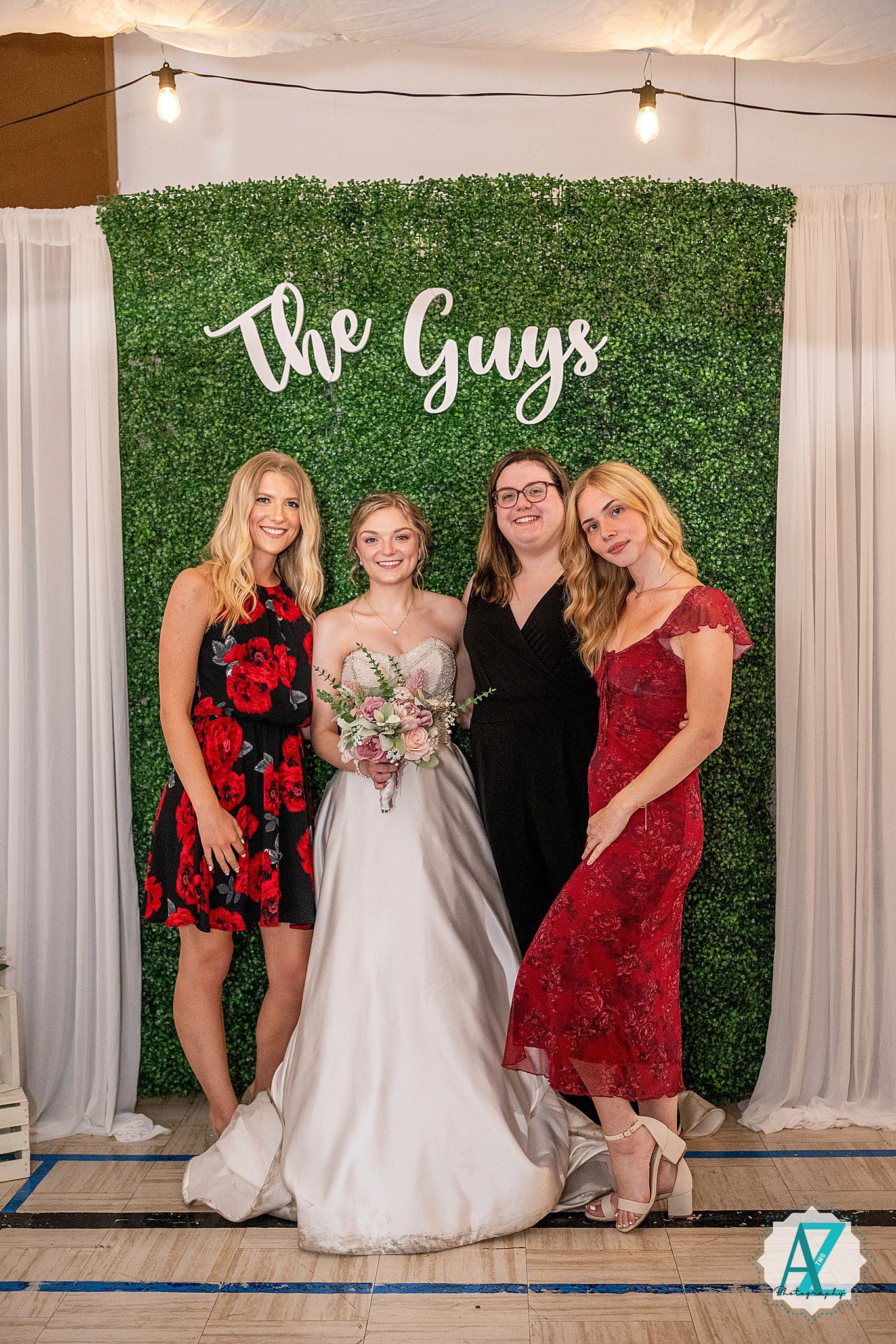 Party attendees pose against green hedge backdrop at wedding reception in sequence of candid celebration photos.
