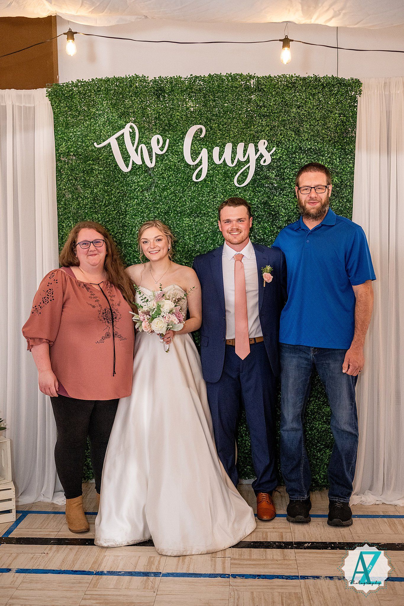 Sequence of four wedding photos showing a creative bottom half cropped composition against white drapes and greenery backdrop.