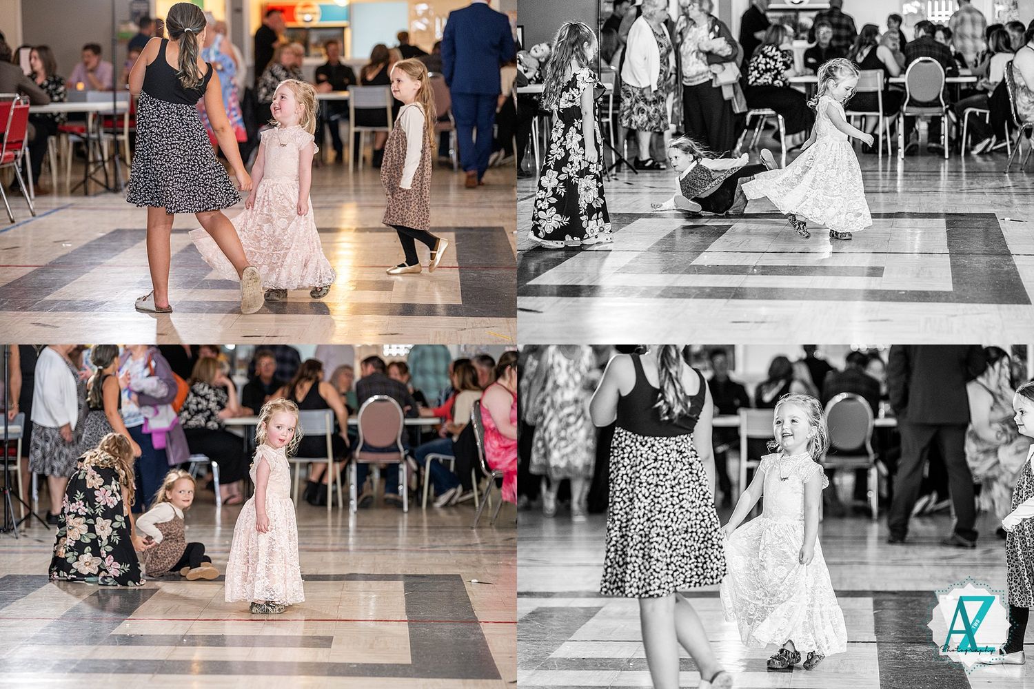 Wedding guests dance together in a reception hall during a celebration.