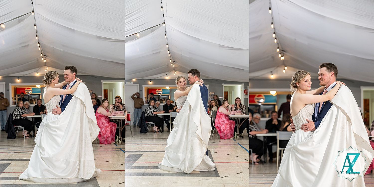 Sequence of dance floor moments showing white wedding dresses swirling during celebrations.