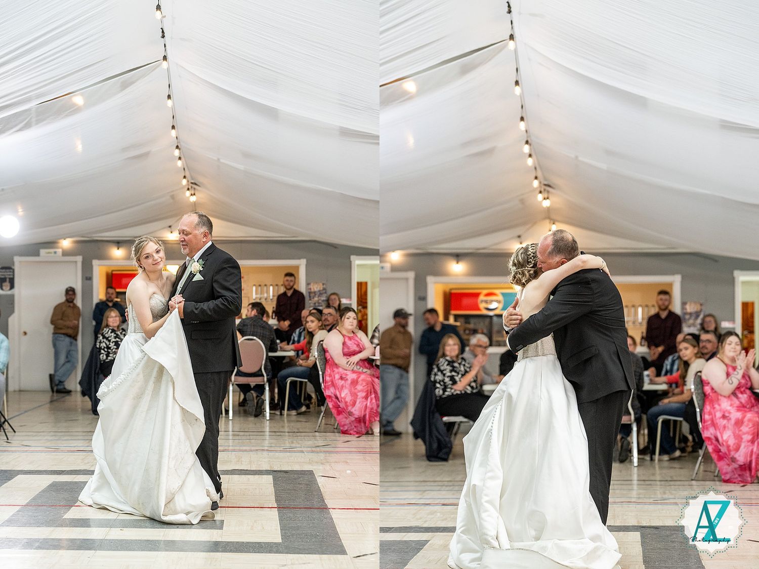 Wedding venue dance floor features a sequence of movement captured at a reception under white draped ceiling.