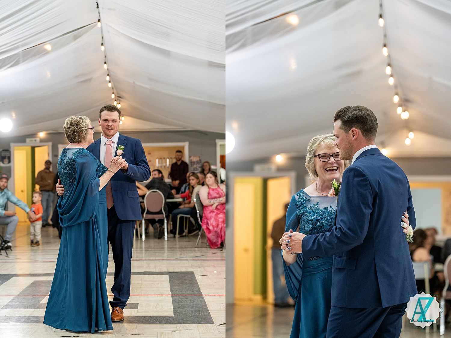 Collage of couples dancing in an indoor reception venue with warm lighting and group celebrations in the background.