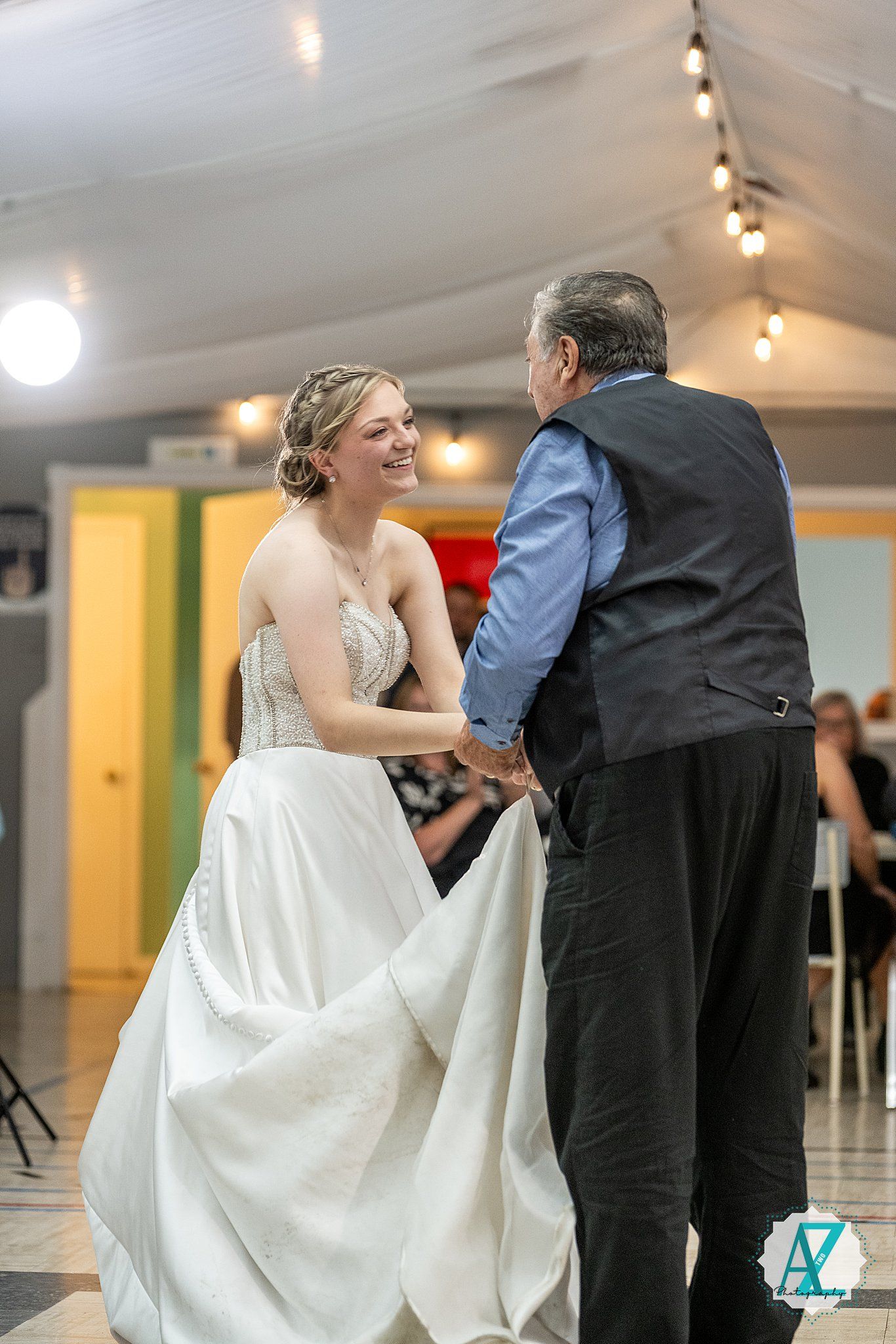 A sequence of dance photos shows a couple sharing their first dance at a wedding reception under string lights.