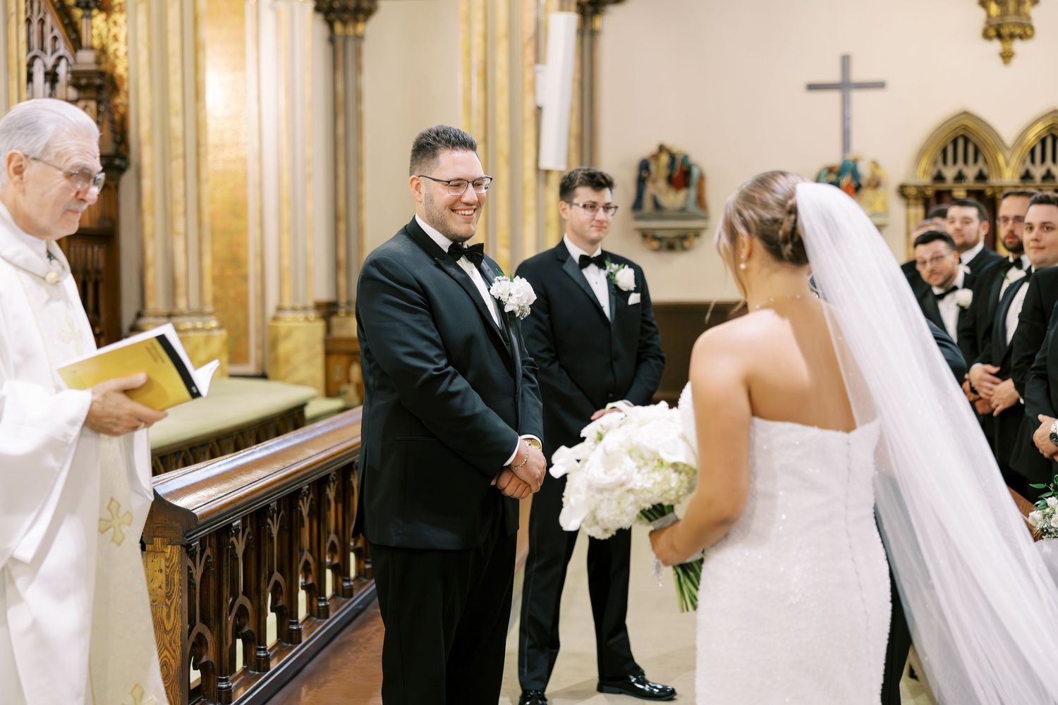 A series of candid moments from a traditional church wedding ceremony with people in formal attire.