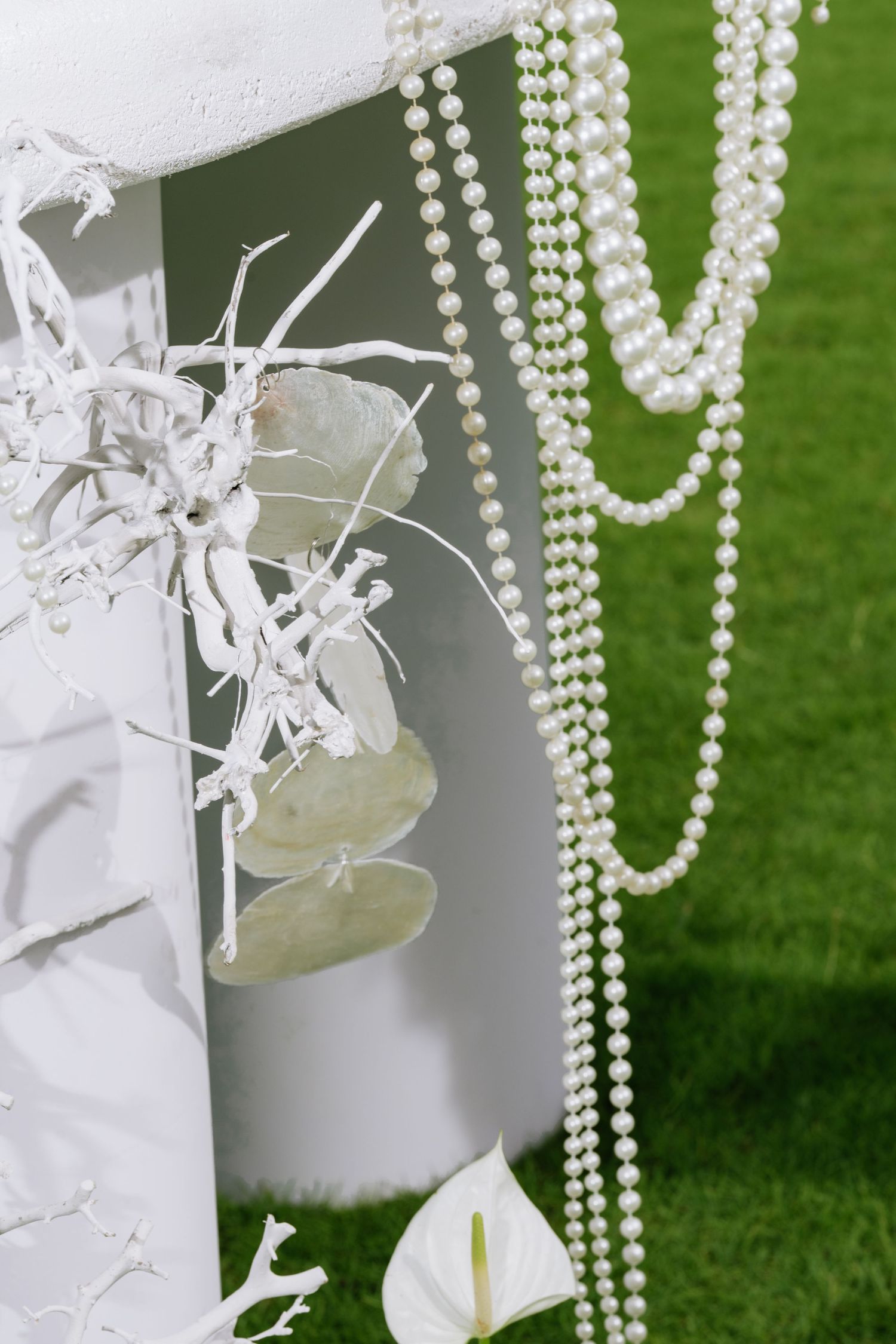 Elegant wedding arch decorated with white pearl strands, eucalyptus leaves, and white branches on green grass.
