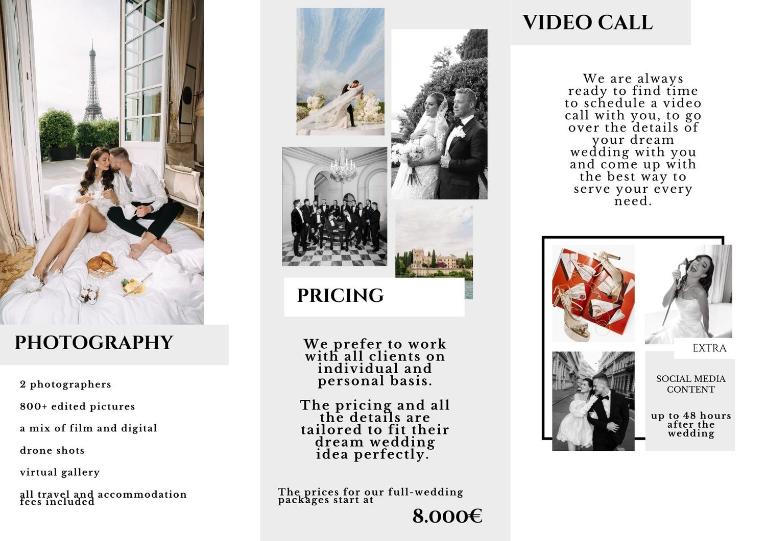 Modern wedding photography pricing guide and portfolio layout with elegant black and white design elements.