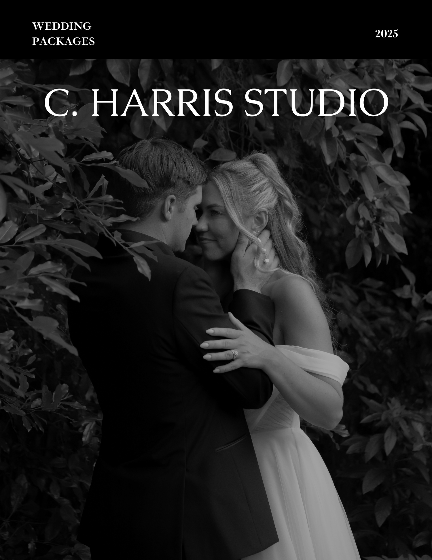 Wedding photography studio branding and portfolio showcase in black and white.