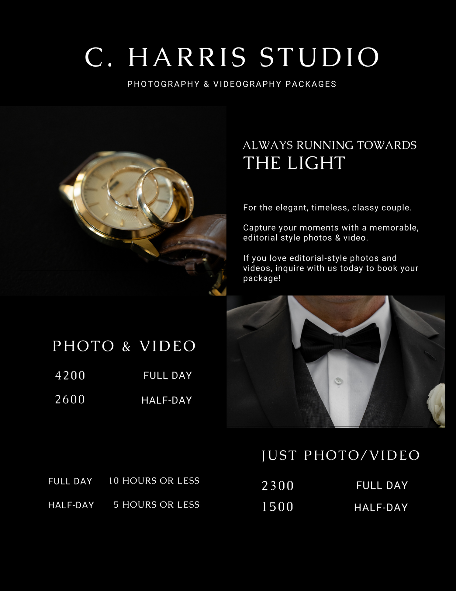 Professional photography pricing and package information display on dark background.