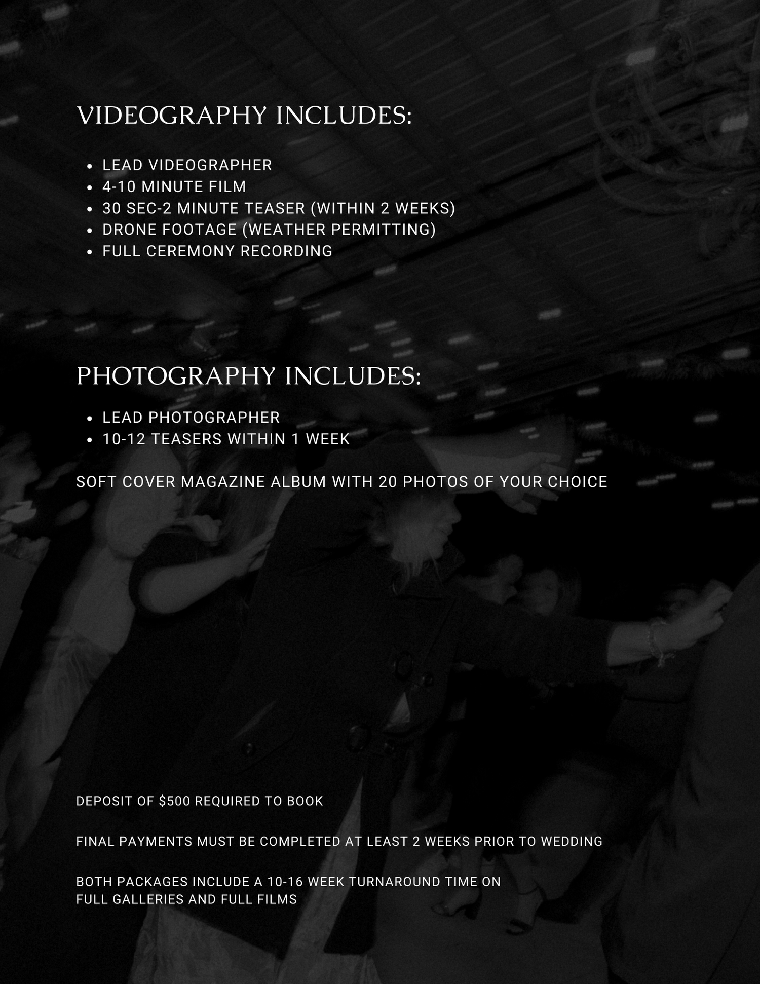 Detailed list of photography and videography services against dark background.
