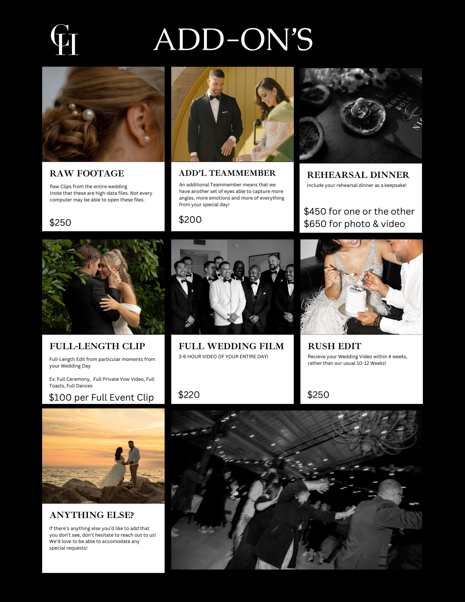 Wedding photography add-on services and pricing menu display.