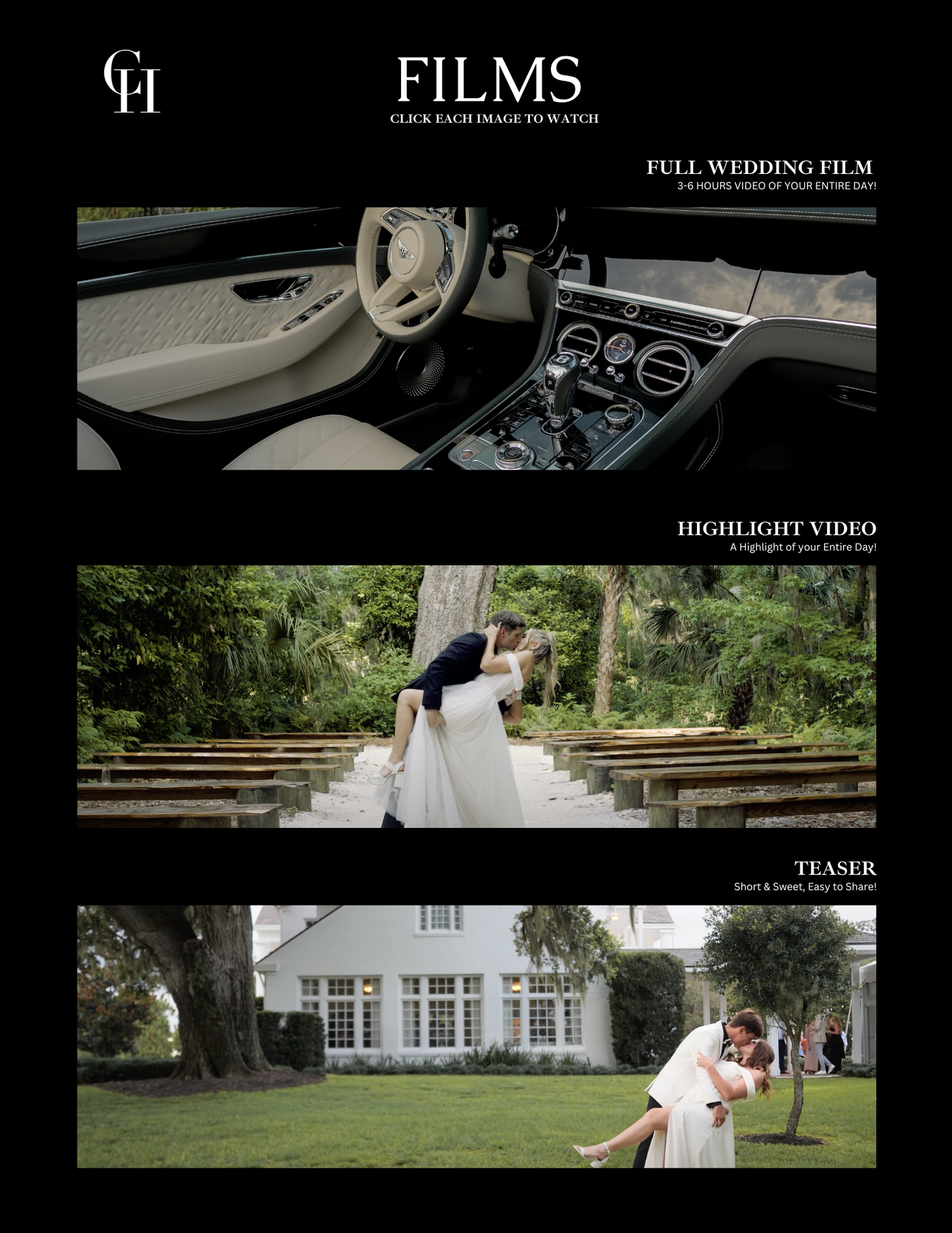 Wedding photography website layout showcasing multiple elegant photos and service options.