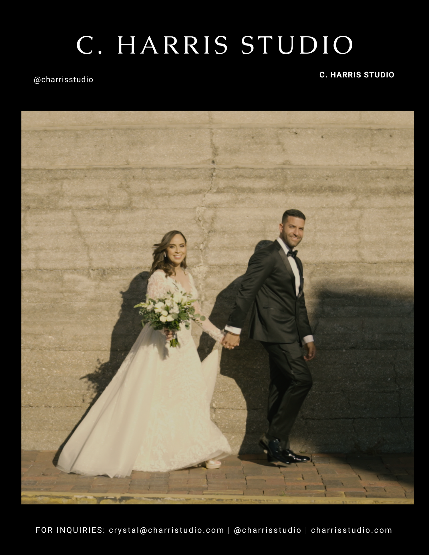 Artistic wedding photo series showing couple against textured wall in dramatic lighting.