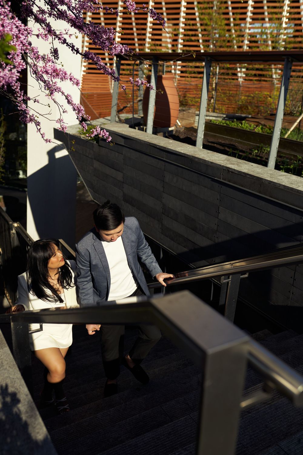 Couple in formal attire walking up dark outdoor stairs with decorative string lights and cherry blossoms overhead. Engagement  in Williamsbu