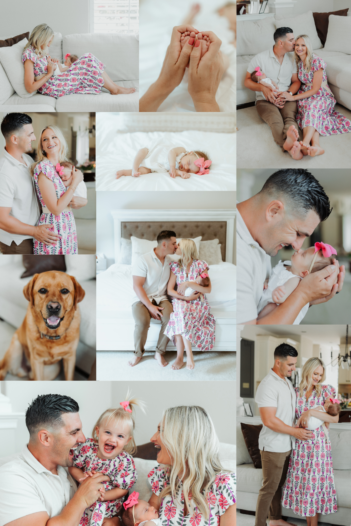 Candid home photoshoot captures tender family moments with a baby and dog in a bright interior setting.
