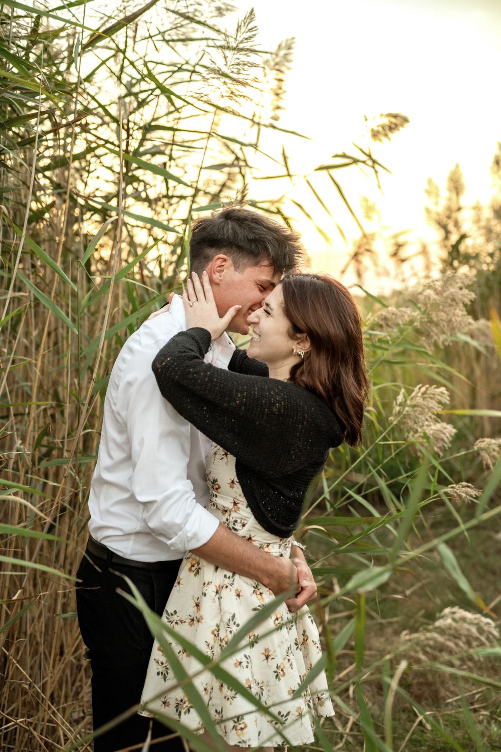 A romantic couple embraces among tall reeds during golden hour sunset in a natural outdoor setting.