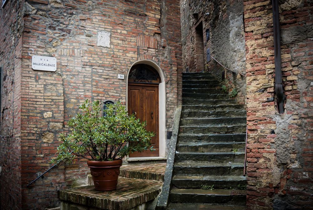 Rustic stone staircase and wooden door in old Italian building with potted plant and weathered brick walls.