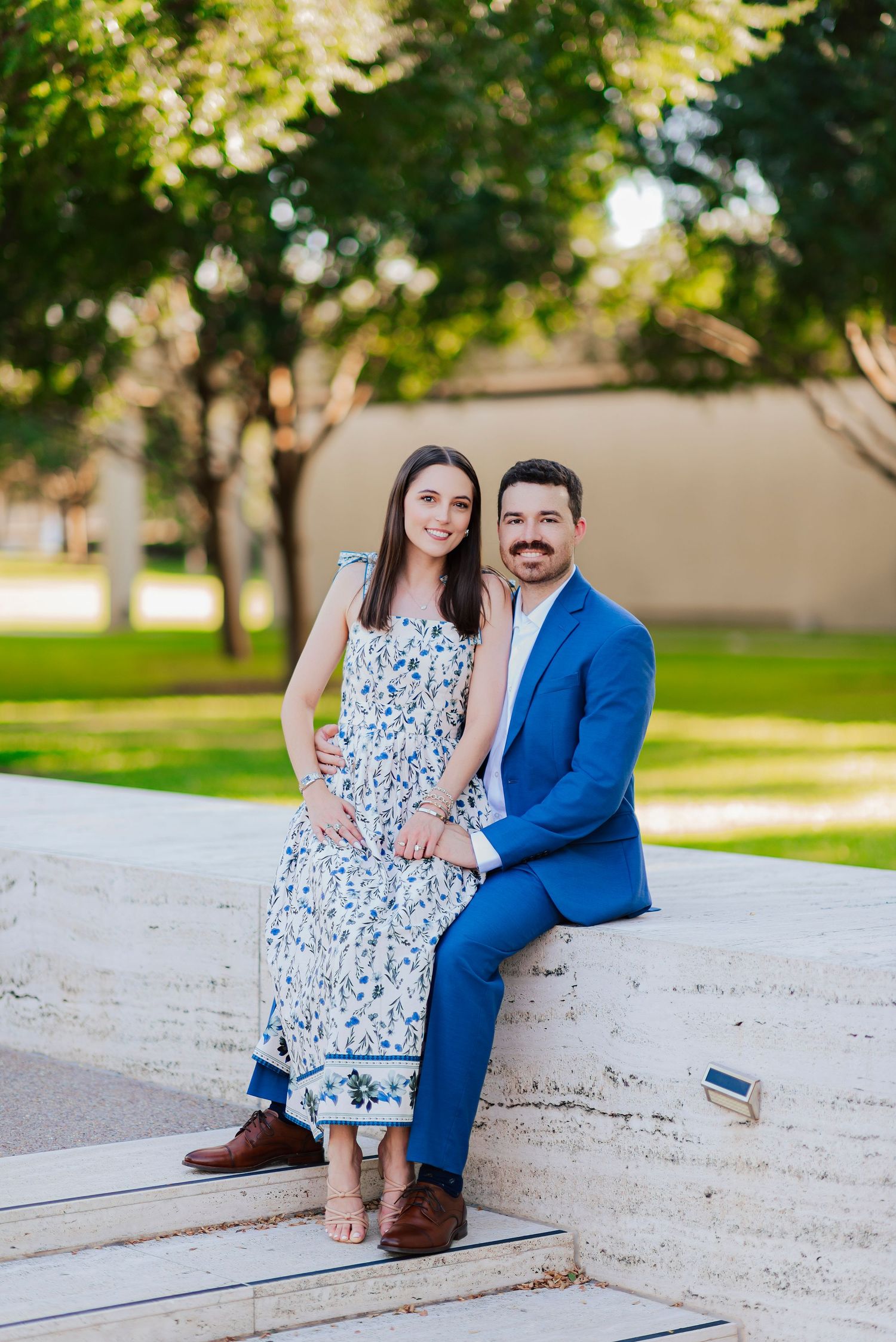 Romantic engagement photo outside Kimbell Art Museum, top engagement photo location in DFW
