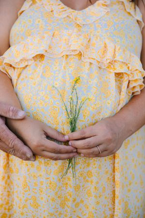 Close-up view of someone holding wheat stalks against a yellow floral dress in natural sunlight.
