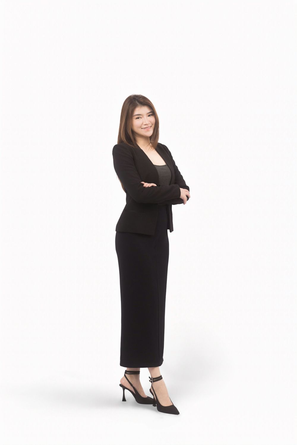 Professional woman in a black business outfit photographed at various angles against a white backdrop.