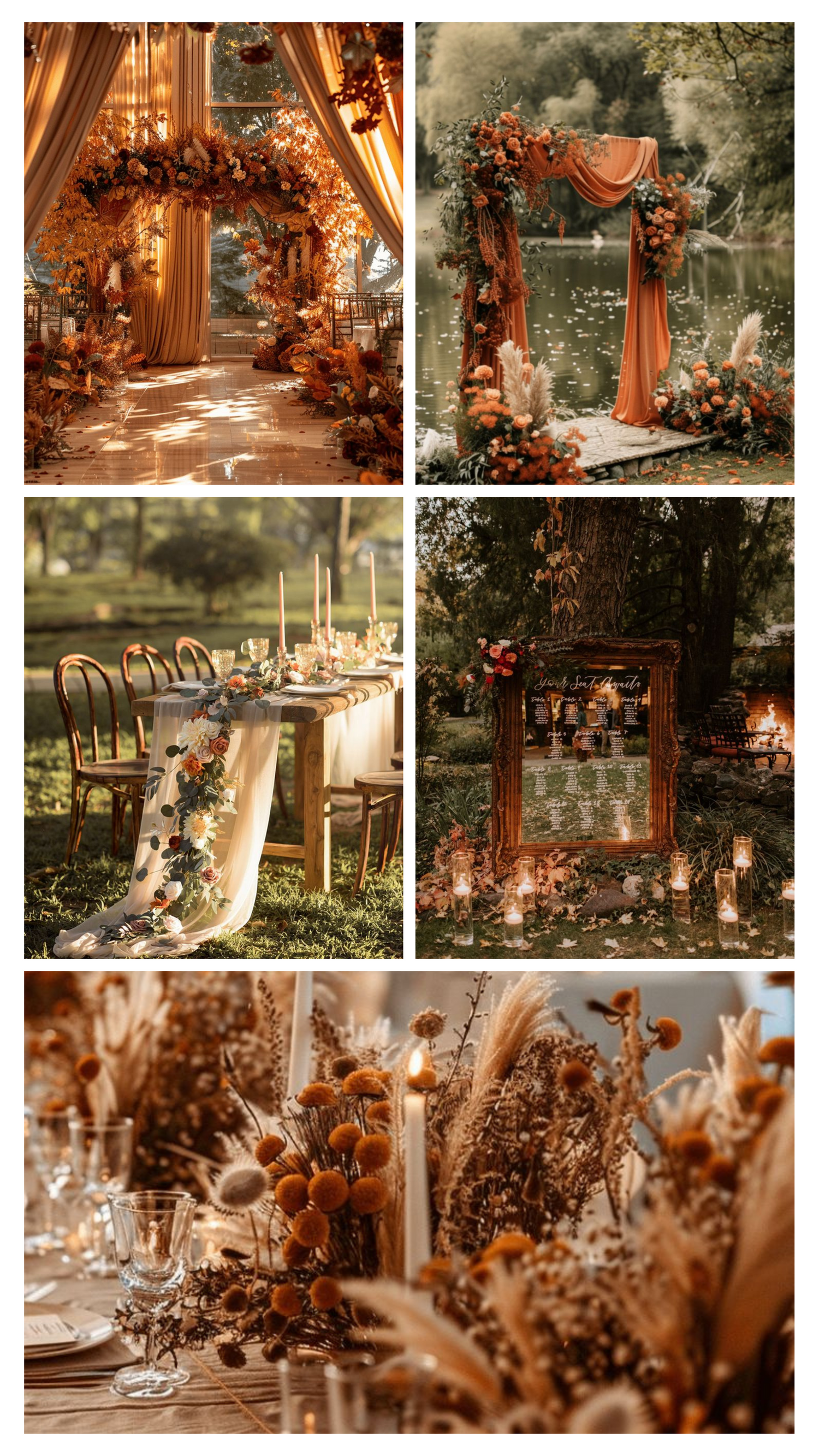 Rustic wedding decor with warm toned floral arches, elegant table settings, and romantic candlelit details in autumn colors.