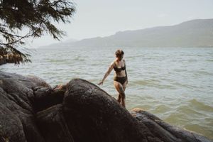 A silhouette stands on rocky cliffs overlooking a misty lake with mountains in the background.