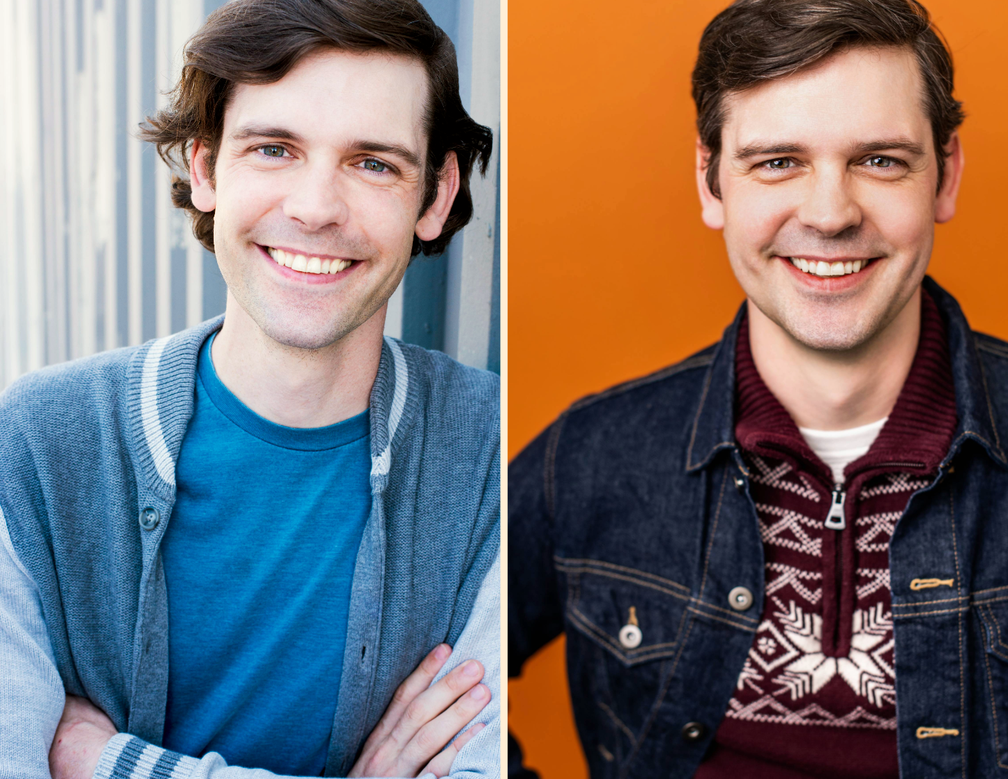 Before-and-after headshot comparison showing updated styling, background, and wardrobe to reflect a more current and professional look.