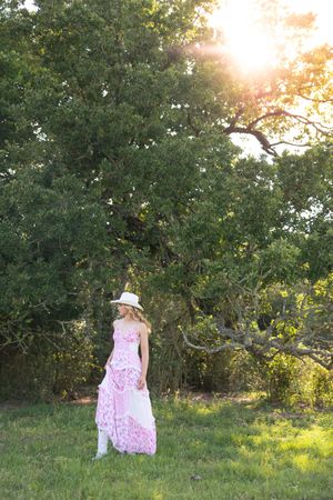 A feminine silhouette in a flowing pink dress stands in a sunlit meadow beneath towering trees.