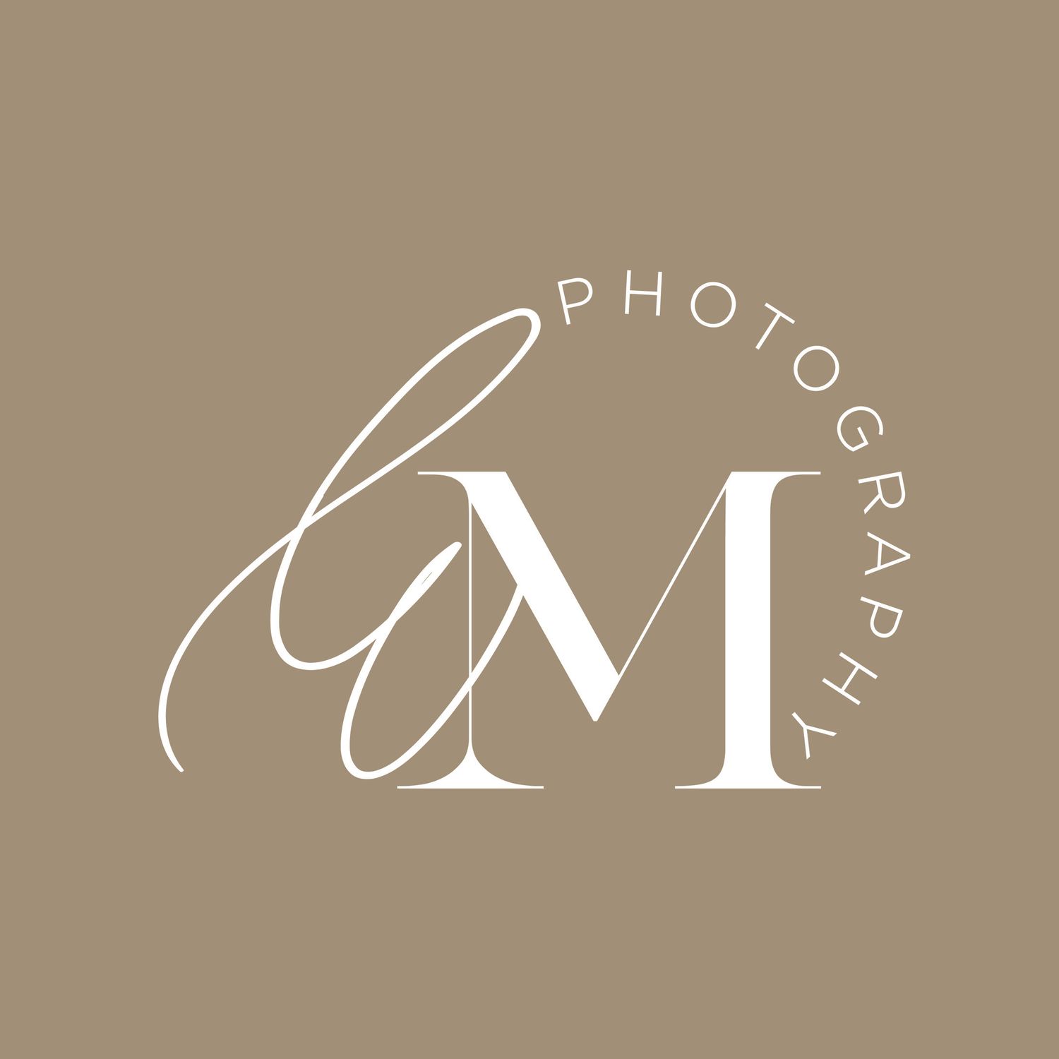 Elegant white LM photography logo design with cursive lettering on a neutral taupe background.