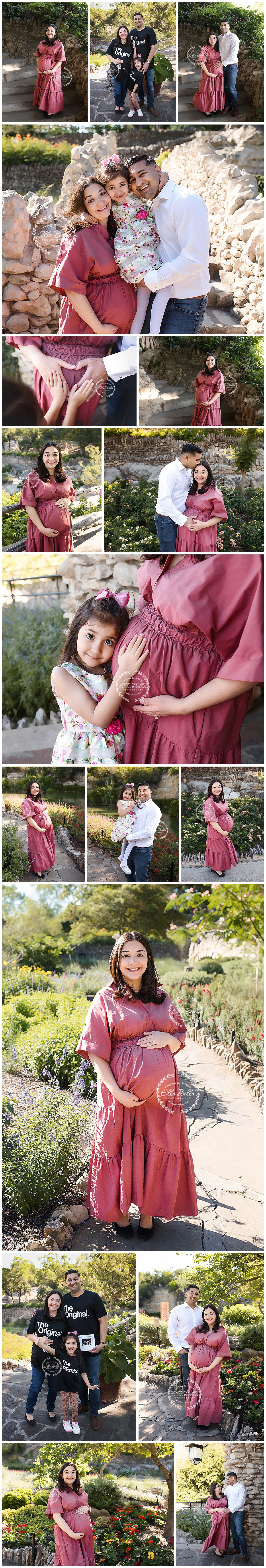 Family maternity photoshoot in a garden setting showcasing a burgundy dress and tender moments together.