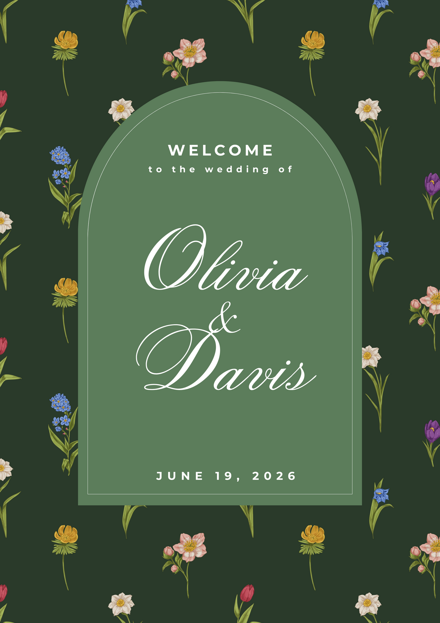 Elegant floral wedding invitation design with green arch and delicate wildflowers on dark green background.