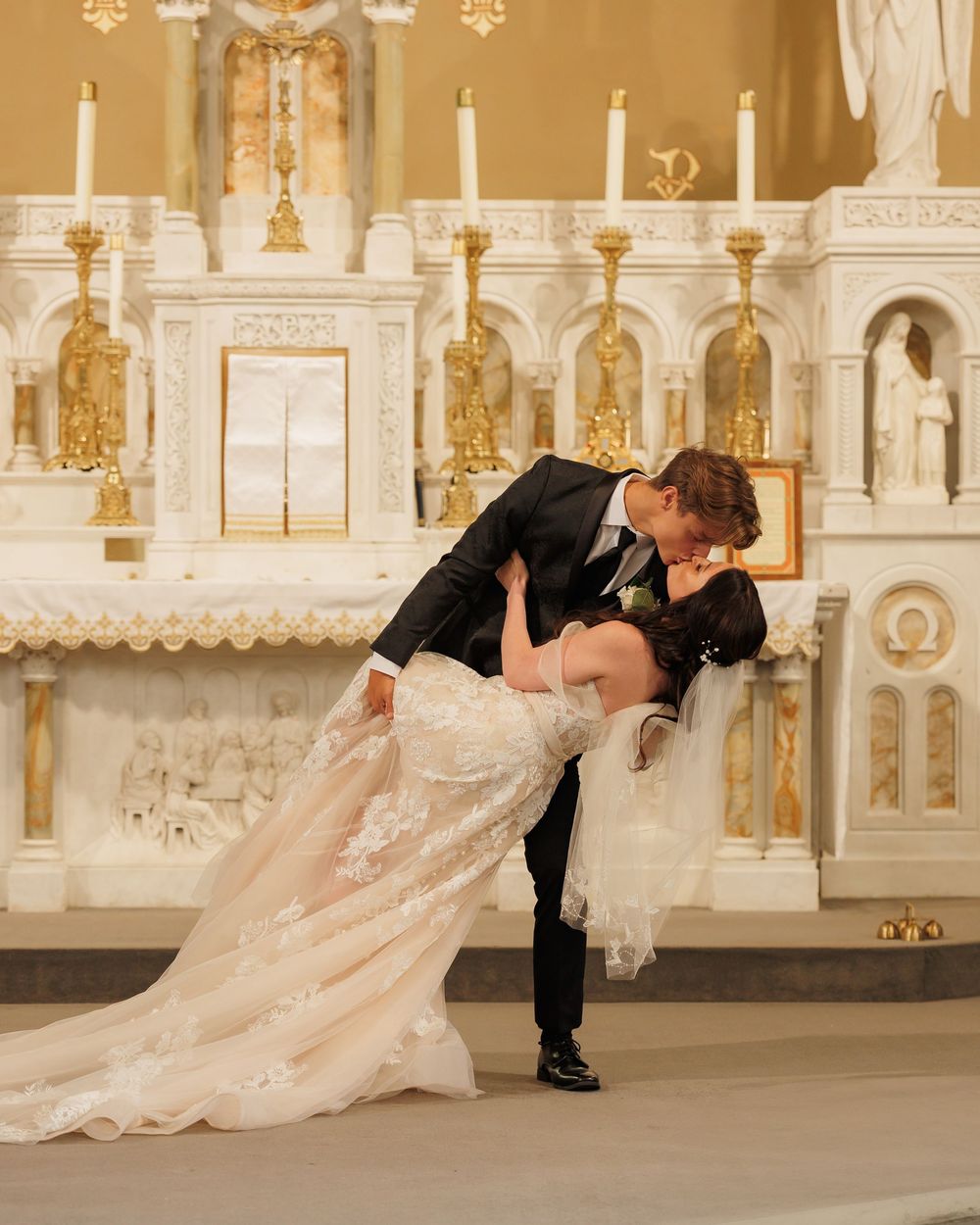A romantic sequence of wedding photos showing a couple in formal attire creating dramatic dips in an ornate church setting.
