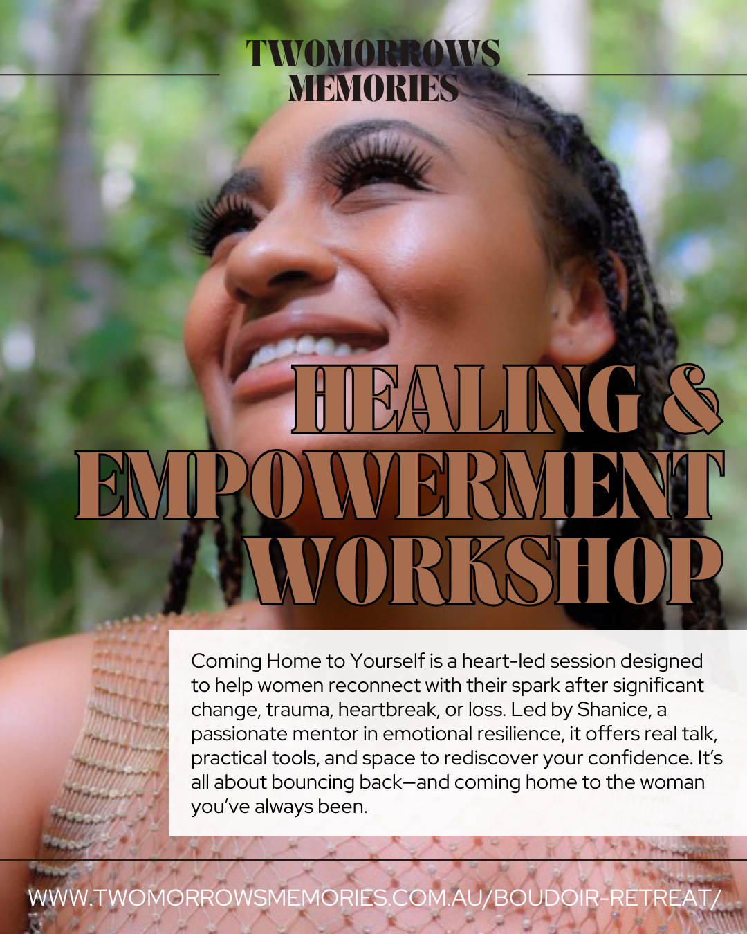 Green promotional banner for healing and empowerment workshop retreat.