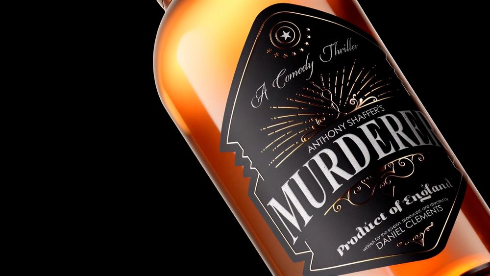 Stylish bottle design for 'Murderer' spirits with dramatic black and gold label on amber glass.