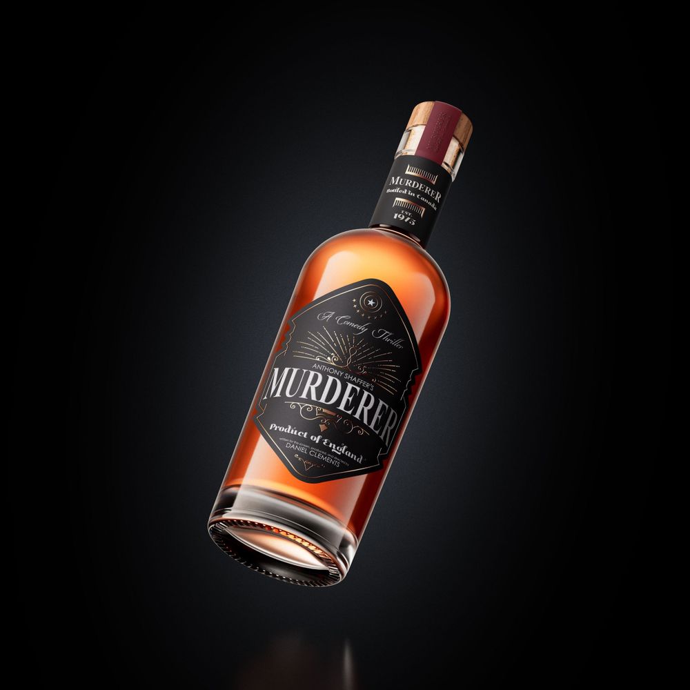 A bottle of aged dark liquor labeled 'Murder' against a black background.