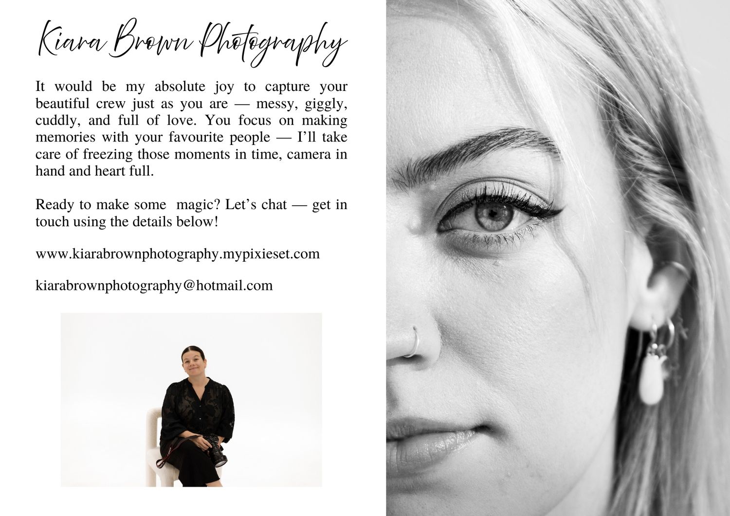 Professional photography business card design featuring dramatic close-up eye portrait and contact information layout.