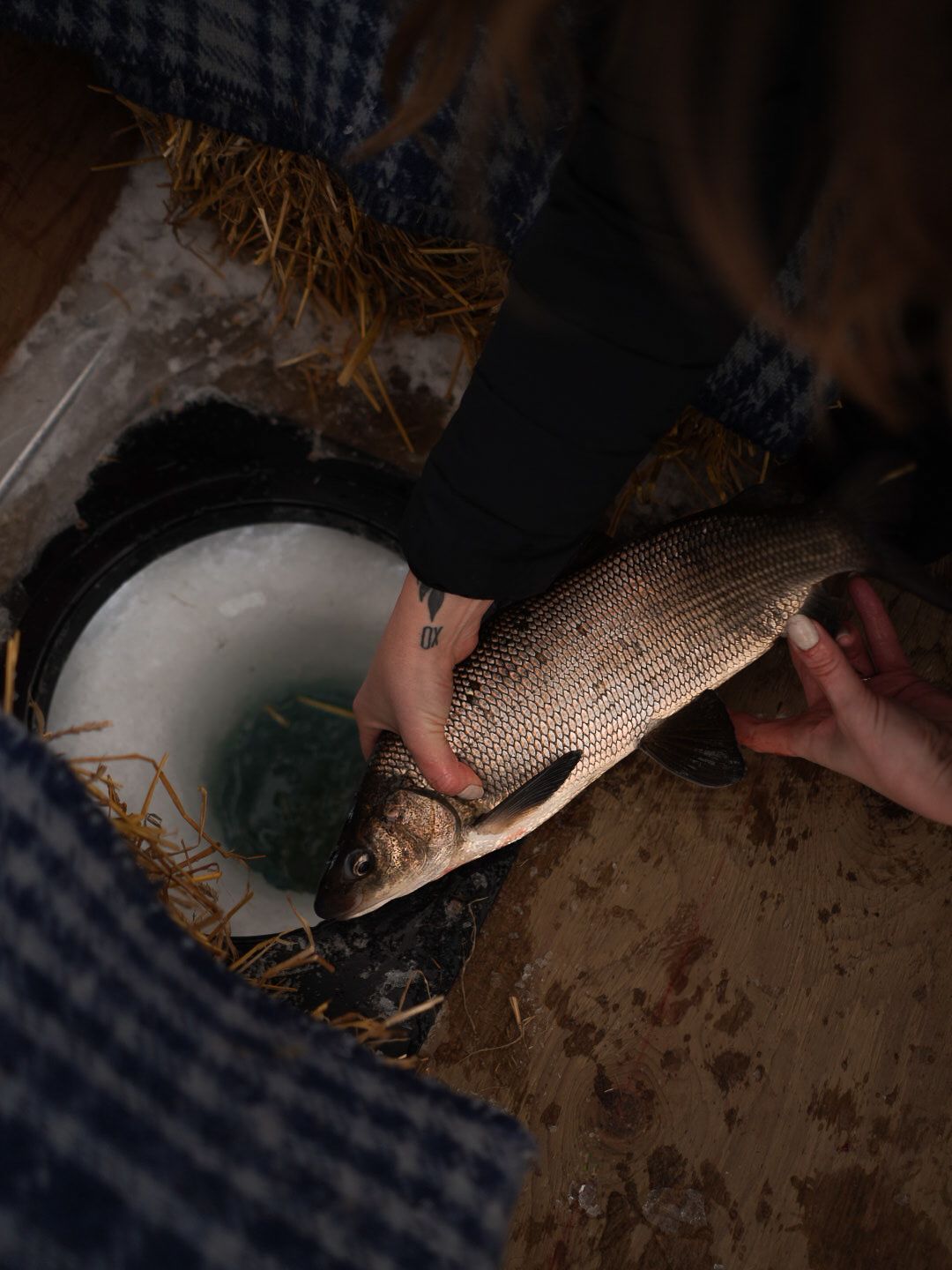 Fresh fish being prepared on a rustic wooden surface.
