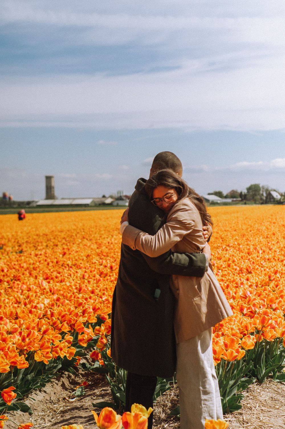 Couple embracing in vibrant orange tulip field under blue sky in Netherlands countryside.