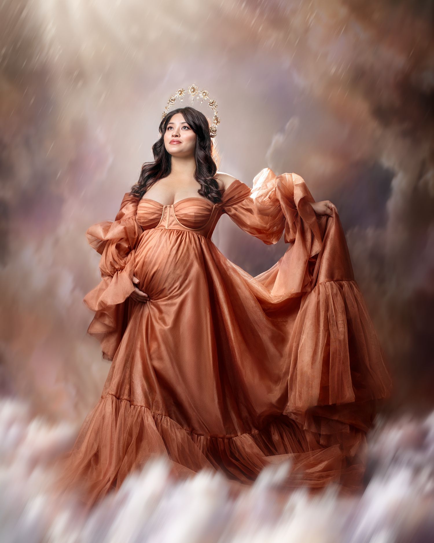 Rich bronze silk maternity gown, adding a luxurious shimmering texture to the angelically styled studio photo.